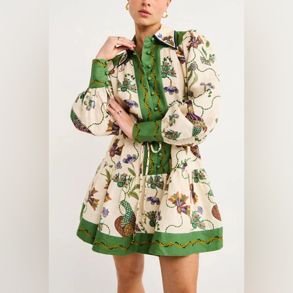 Margovil Long Lantern Sleeves Button Up Unique Print Mini Dress Size XS